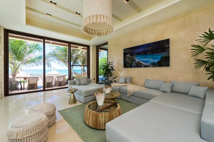 Casa Agua Ana y Jose contemporary living room, sofa, television, shelving, open spaces