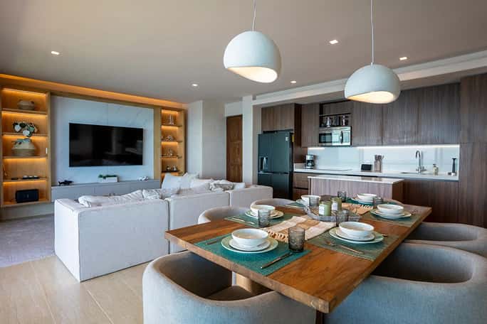 Ana y Jose contemporary living room, sofa, television, shelving, open spaces